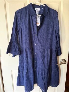 NWT Tommy Bahama Navy Cotton Clip Tiered Shirt Dress - Size Small